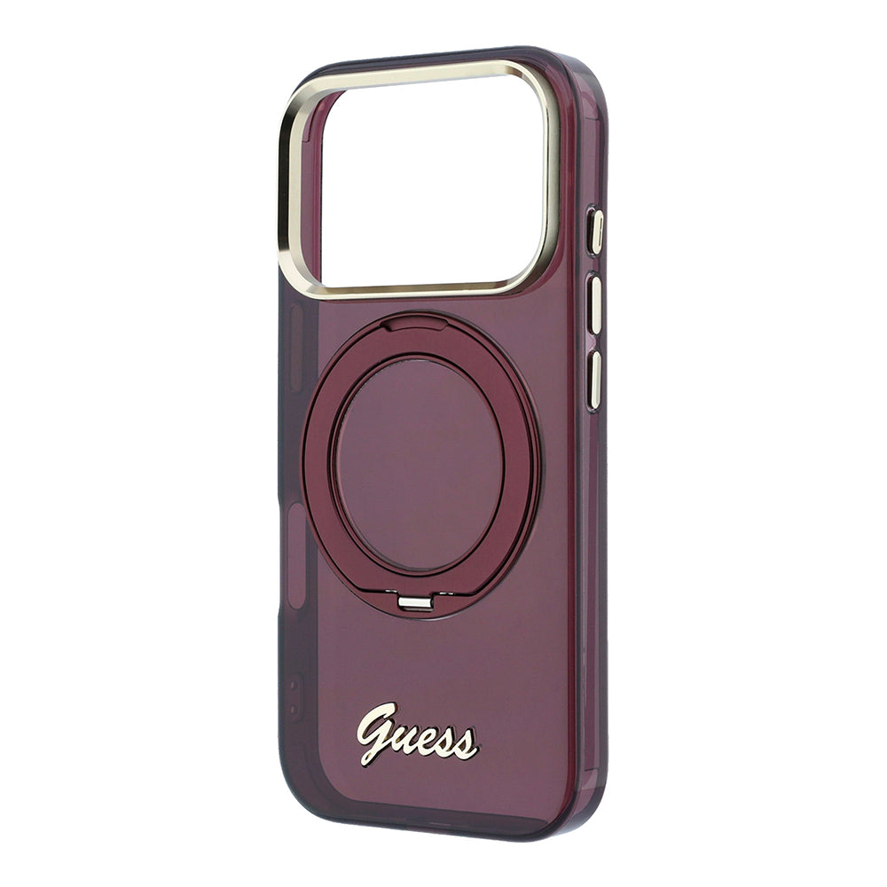 Apple iPhone 18 Pro Kılıf Guess M-safe Uyumlu 360 Dönebilen Standlı Metal Yazı Logolu Kapak Bordo