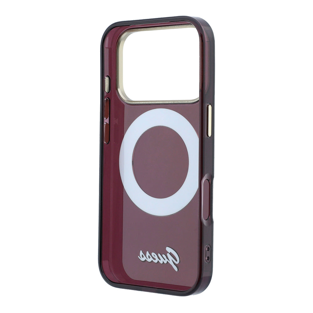 Apple iPhone 18 Pro Kılıf Guess M-safe Uyumlu 360 Dönebilen Standlı Metal Yazı Logolu Kapak Bordo