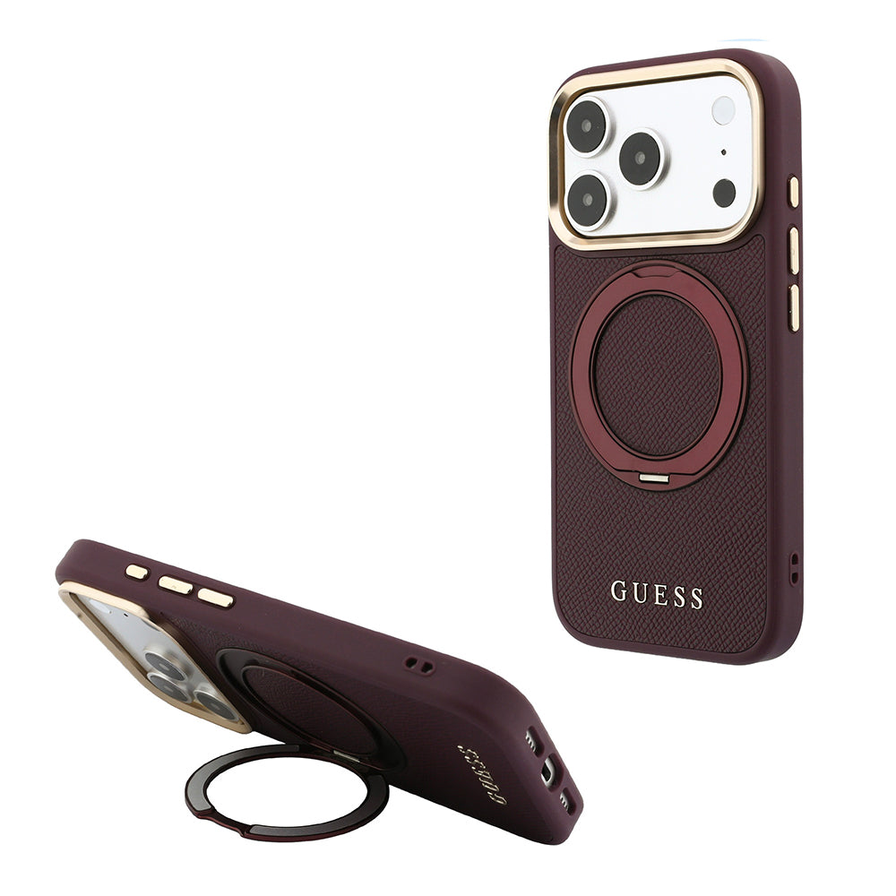 Apple iPhone 18 Pro Max Kılıf Guess M-safe Uyumlu 360 Dönebilen Standlı PU Metal Yazı Logolu Kapak Bordo