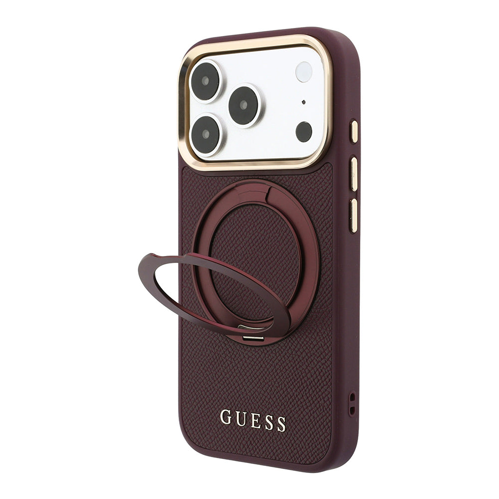 Apple iPhone 18 Pro Max Kılıf Guess M-safe Uyumlu 360 Dönebilen Standlı PU Metal Yazı Logolu Kapak Bordo
