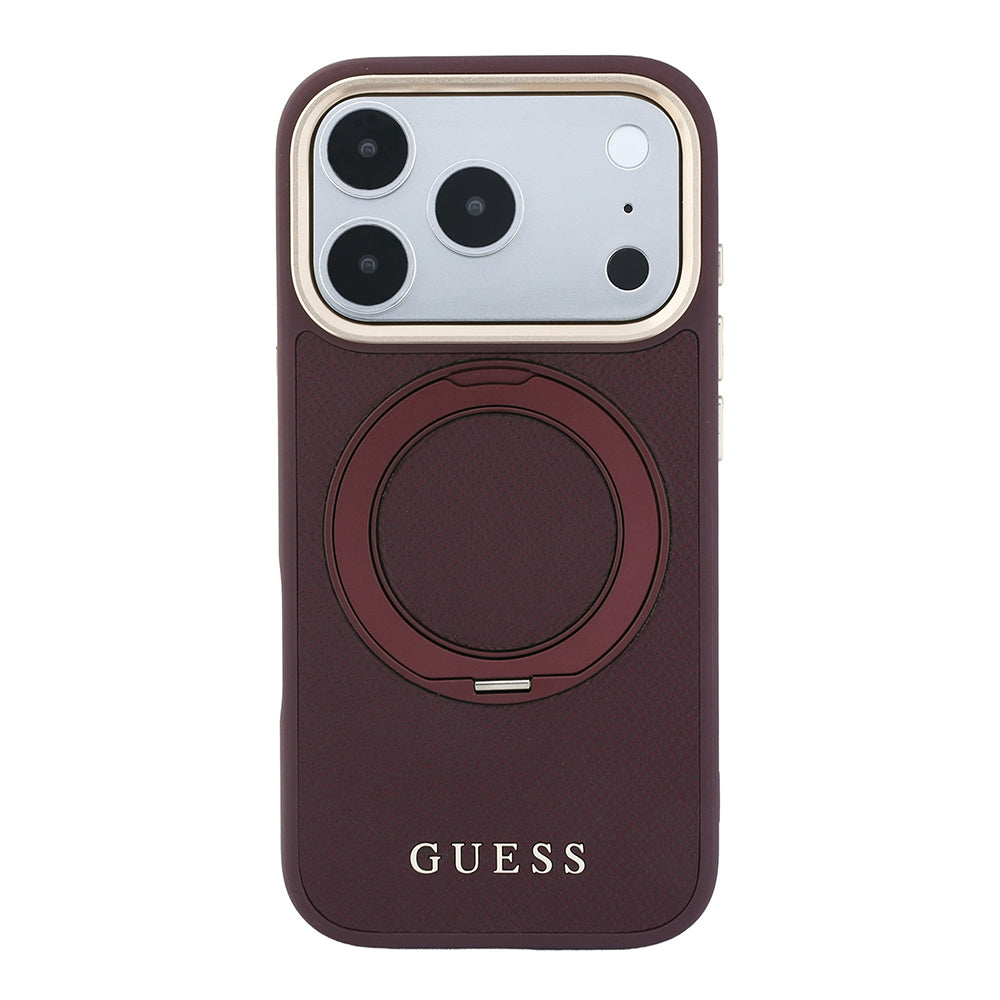 Apple iPhone 18 Pro Max Kılıf Guess M-safe Uyumlu 360 Dönebilen Standlı PU Metal Yazı Logolu Kapak Bordo