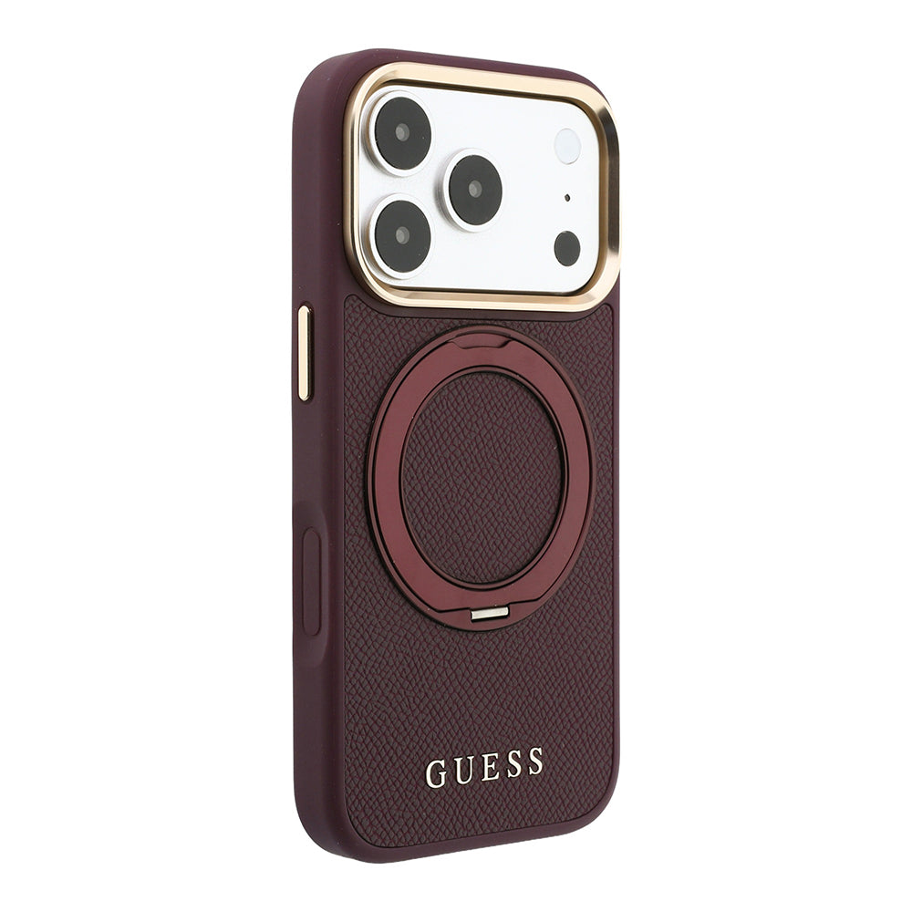 Apple iPhone 18 Pro Max Kılıf Guess M-safe Uyumlu 360 Dönebilen Standlı PU Metal Yazı Logolu Kapak Bordo