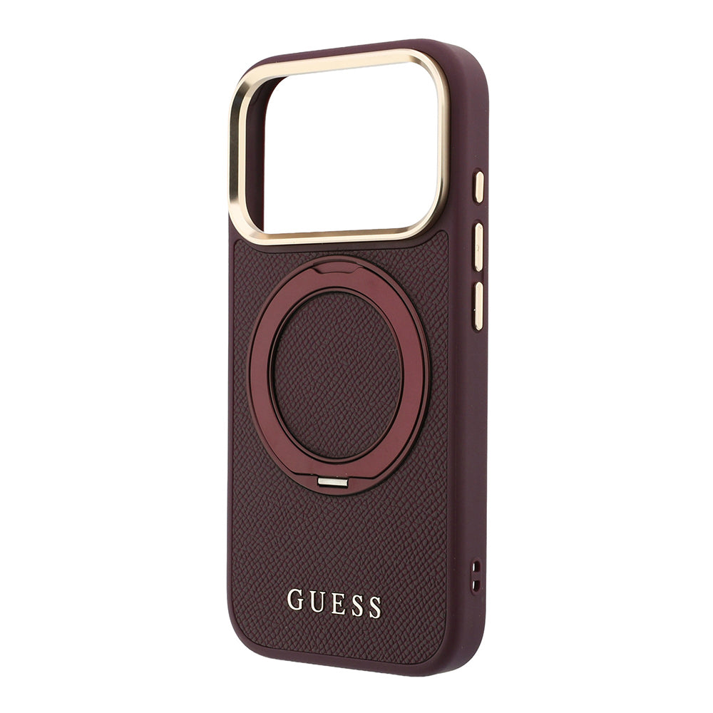 Apple iPhone 18 Pro Max Kılıf Guess M-safe Uyumlu 360 Dönebilen Standlı PU Metal Yazı Logolu Kapak Bordo