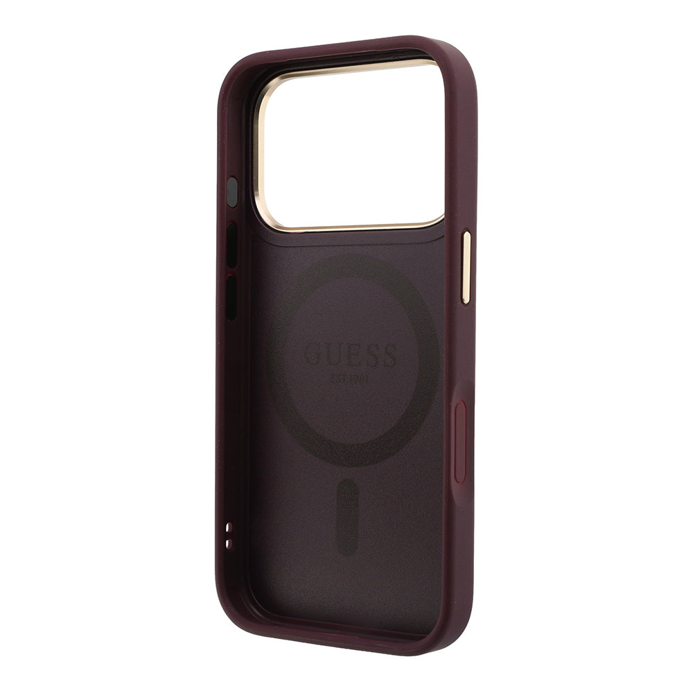 Apple iPhone 18 Pro Max Kılıf Guess M-safe Uyumlu 360 Dönebilen Standlı PU Metal Yazı Logolu Kapak Bordo
