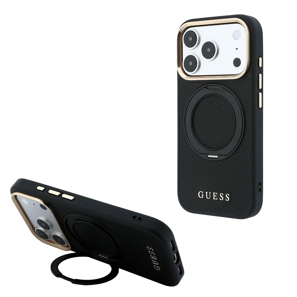 Apple iPhone 18 Pro Max Kılıf Guess M-safe Uyumlu 360 Dönebilen Standlı PU Metal Yazı Logolu Kapak Siyah