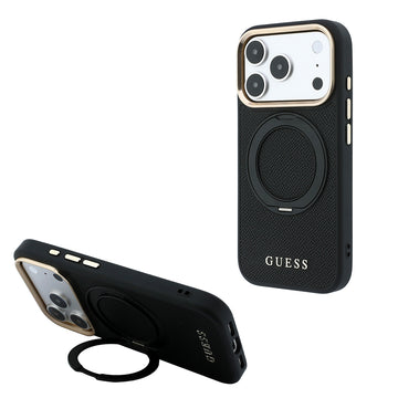 Apple iPhone 18 Pro Max Kılıf Guess M-safe Uyumlu 360 Dönebilen Standlı PU Metal Yazı Logolu Kapak Siyah