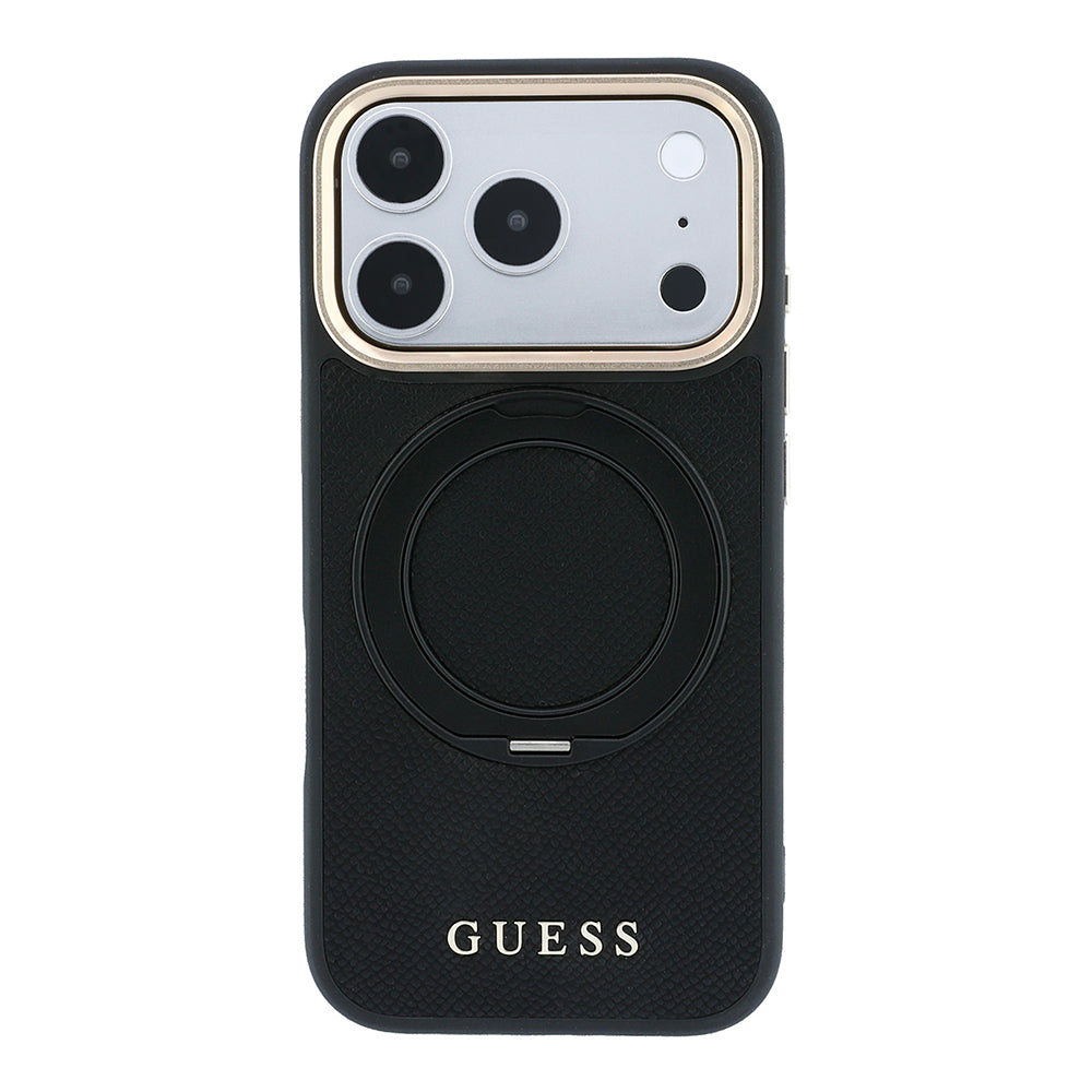 Apple iPhone 18 Pro Max Kılıf Guess M-safe Uyumlu 360 Dönebilen Standlı PU Metal Yazı Logolu Kapak Siyah