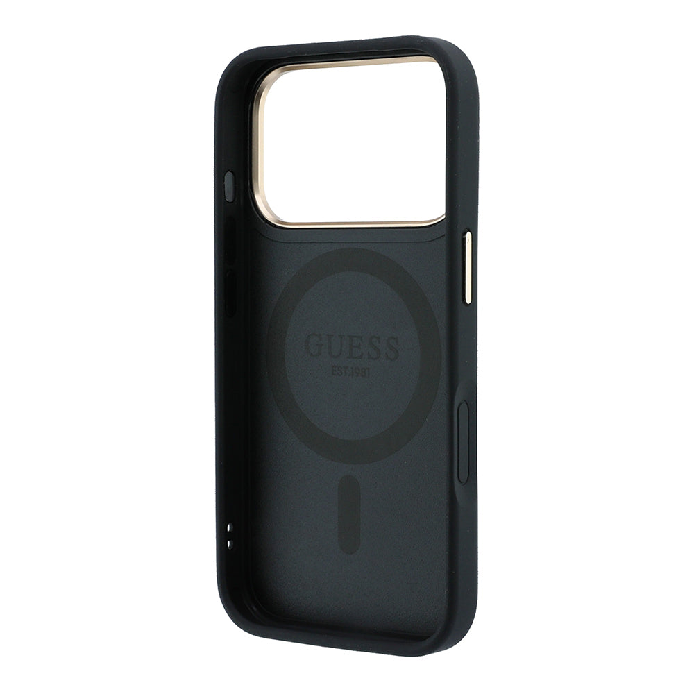 Apple iPhone 18 Pro Max Kılıf Guess M-safe Uyumlu 360 Dönebilen Standlı PU Metal Yazı Logolu Kapak Siyah