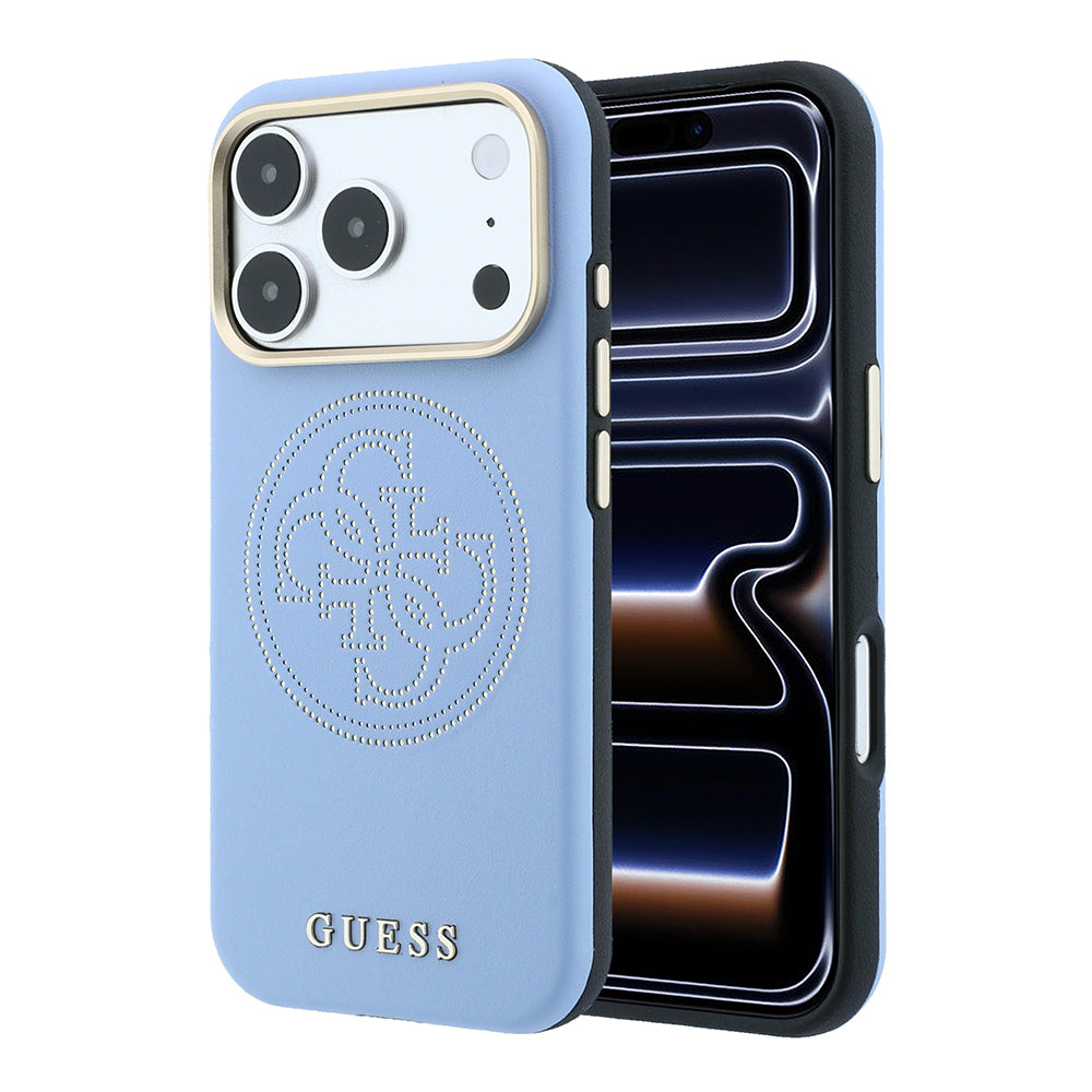 Apple iPhone 18 Pro Max Kılıf Guess M-safe Uyumlu Delikli 4G ve Yazı Logolu PU Kapak Açık Mavi