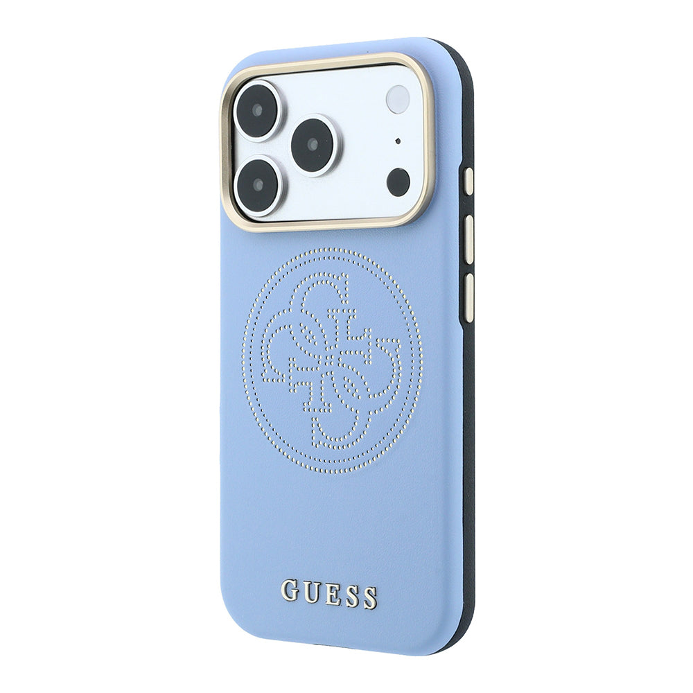 Apple iPhone 18 Pro Kılıf Guess M-safe Uyumlu Delikli 4G ve Yazı Logolu PU Kapak Açık Mavi