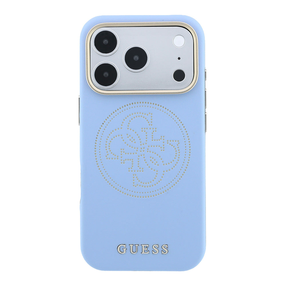 Apple iPhone 18 Pro Max Kılıf Guess M-safe Uyumlu Delikli 4G ve Yazı Logolu PU Kapak Açık Mavi