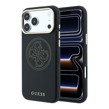 Apple iPhone 18 Pro Max Kılıf Guess M-safe Uyumlu Delikli 4G ve Yazı Logolu PU Kapak Siyah
