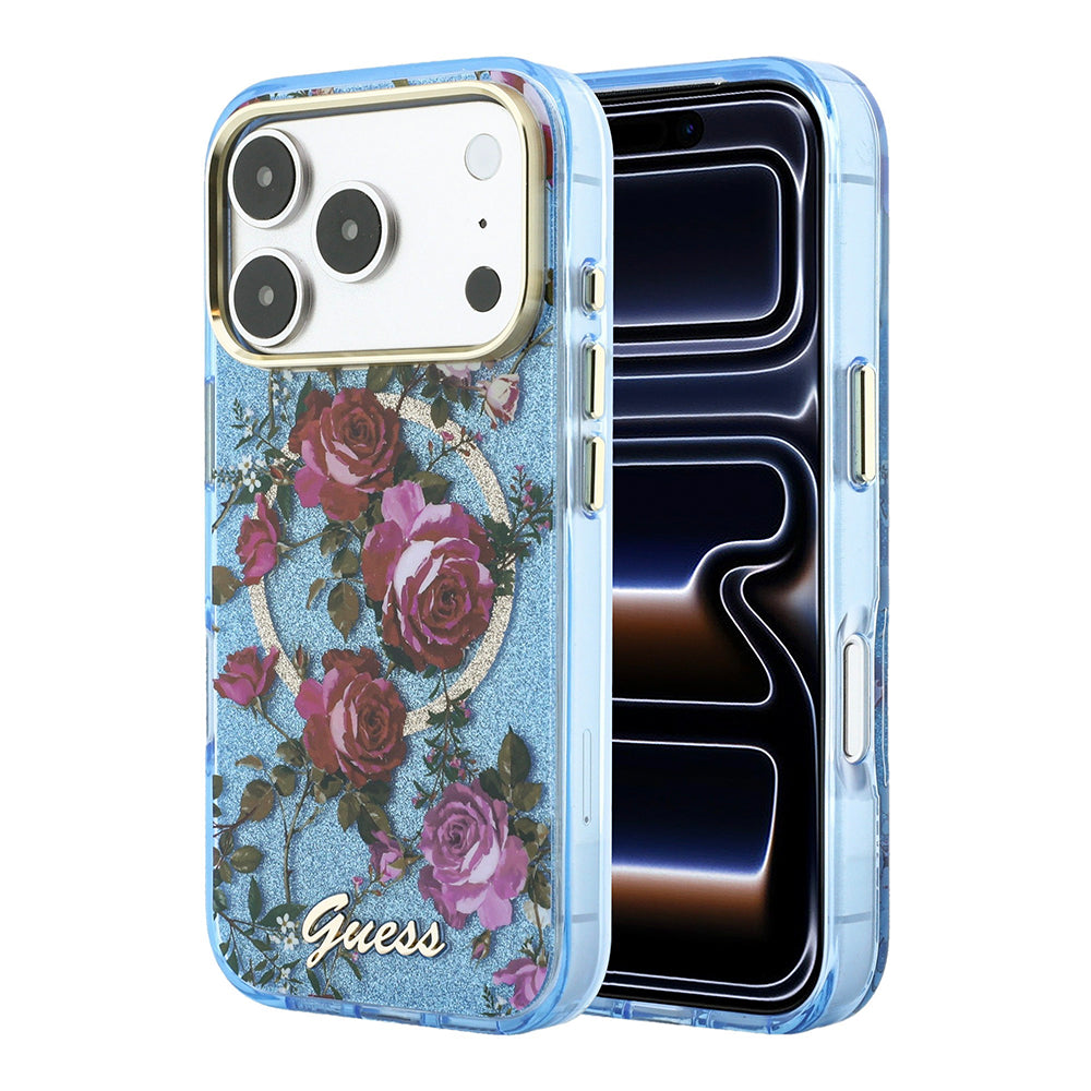 Apple iPhone 18 Pro Max Kılıf Guess M-safe Uyumlu Gül Desenli Simli Yazı Logolu Kapak Açık Mavi