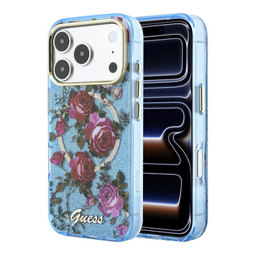 Apple iPhone 18 Pro Max Kılıf Guess M-safe Uyumlu Gül Desenli Simli Yazı Logolu Kapak Açık Mavi