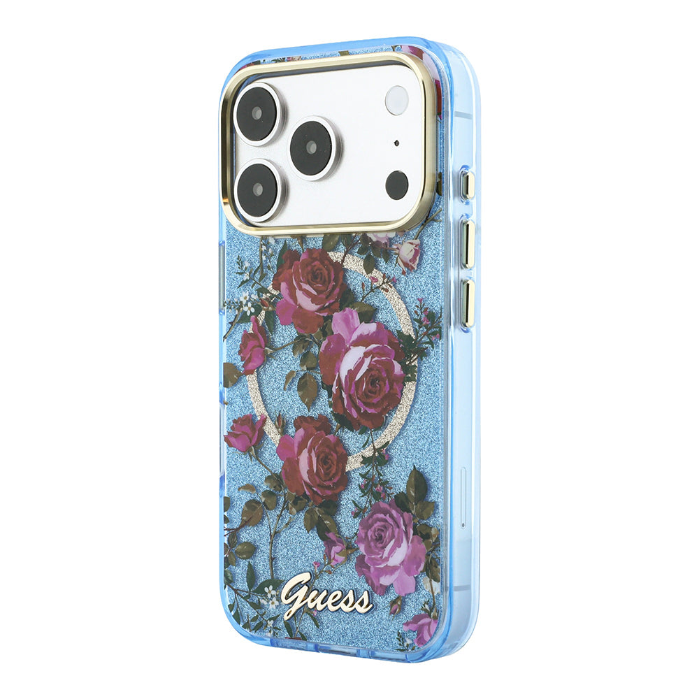 Apple iPhone 18 Pro Max Kılıf Guess M-safe Uyumlu Gül Desenli Simli Yazı Logolu Kapak Açık Mavi