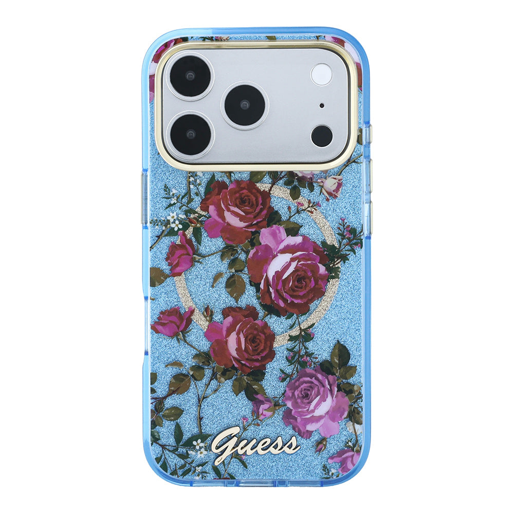Apple iPhone 18 Pro Max Kılıf Guess M-safe Uyumlu Gül Desenli Simli Yazı Logolu Kapak Açık Mavi