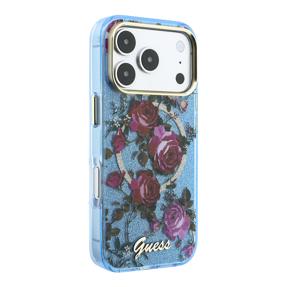 Apple iPhone 18 Pro Max Kılıf Guess M-safe Uyumlu Gül Desenli Simli Yazı Logolu Kapak Açık Mavi