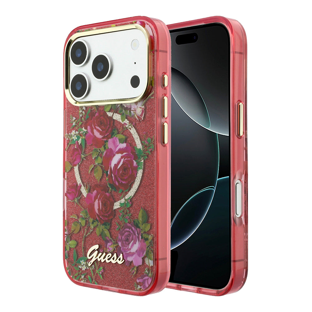 Apple iPhone 18 Pro Max Kılıf Guess M-safe Uyumlu Gül Desenli Simli Yazı Logolu Kapak Bordo