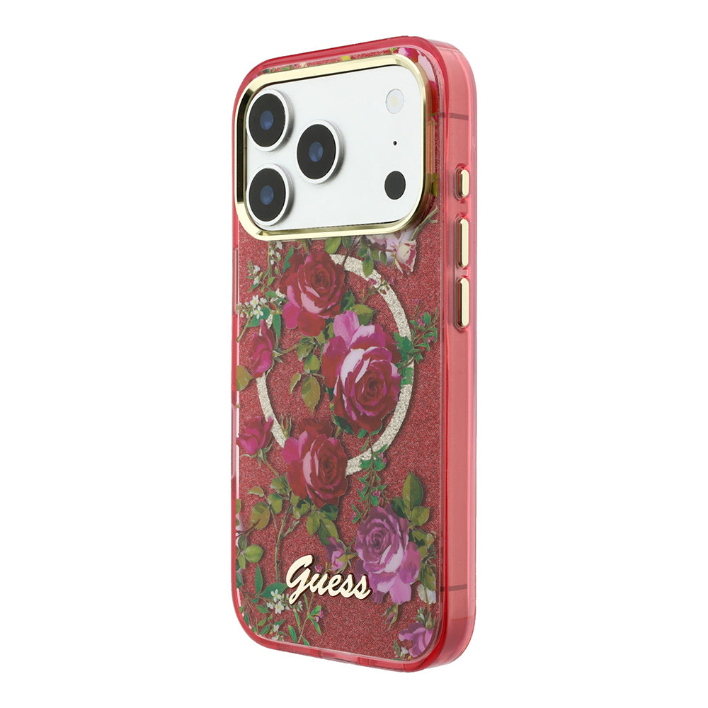 Apple iPhone 18 Pro Max Kılıf Guess M-safe Uyumlu Gül Desenli Simli Yazı Logolu Kapak Bordo