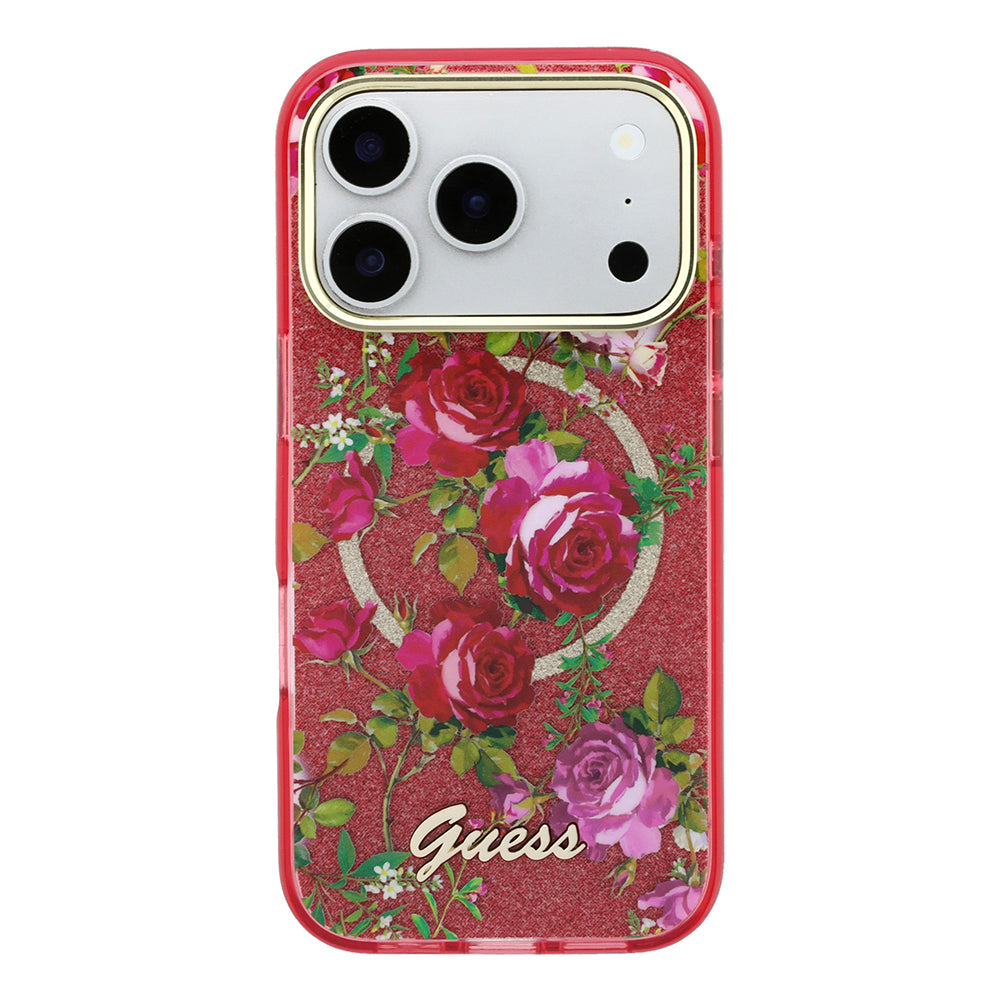 Apple iPhone 18 Pro Max Kılıf Guess M-safe Uyumlu Gül Desenli Simli Yazı Logolu Kapak Bordo