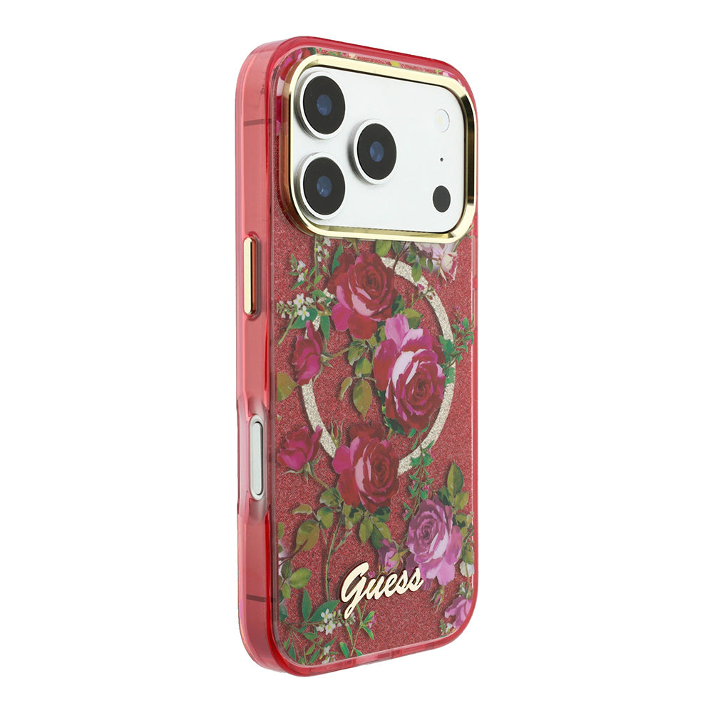 Apple iPhone 18 Pro Max Kılıf Guess M-safe Uyumlu Gül Desenli Simli Yazı Logolu Kapak Bordo