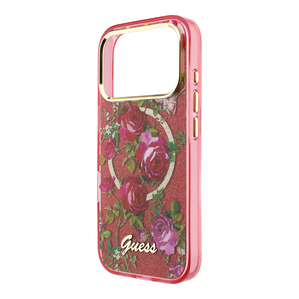 Apple iPhone 18 Pro Max Kılıf Guess M-safe Uyumlu Gül Desenli Simli Yazı Logolu Kapak Bordo