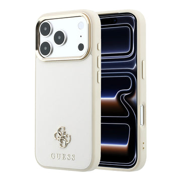Apple iPhone 18 Pro Max Kılıf Guess M-safe Uyumlu Klasik Yazı ve 4G Logolu PU Deri Saffiano Kapak Bej