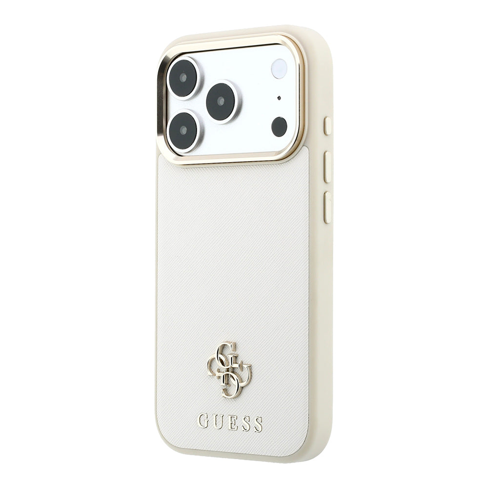 Apple iPhone 18 Pro Max Kılıf Guess M-safe Uyumlu Klasik Yazı ve 4G Logolu PU Deri Saffiano Kapak Bej