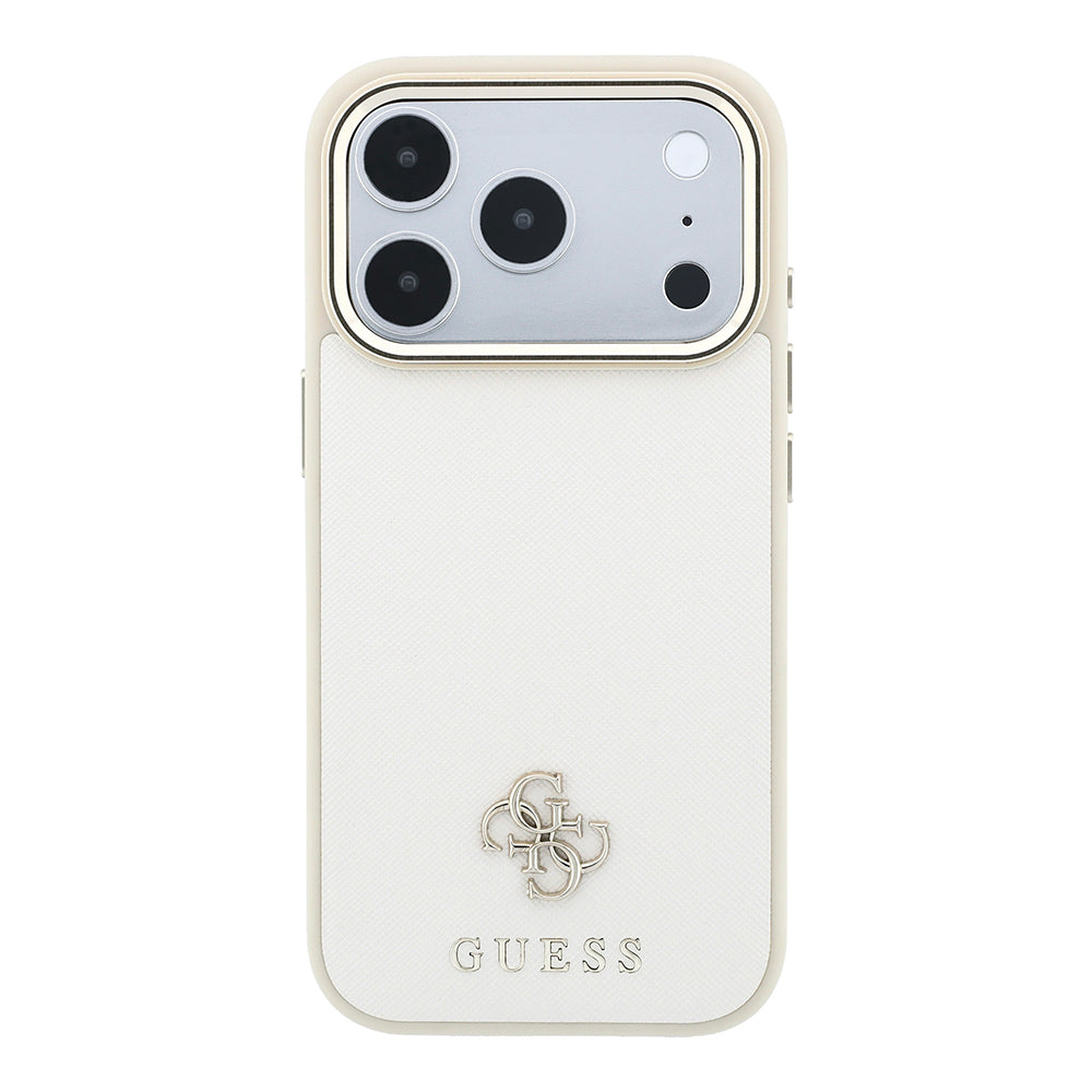 Apple iPhone 18 Pro Max Kılıf Guess M-safe Uyumlu Klasik Yazı ve 4G Logolu PU Deri Saffiano Kapak Bej