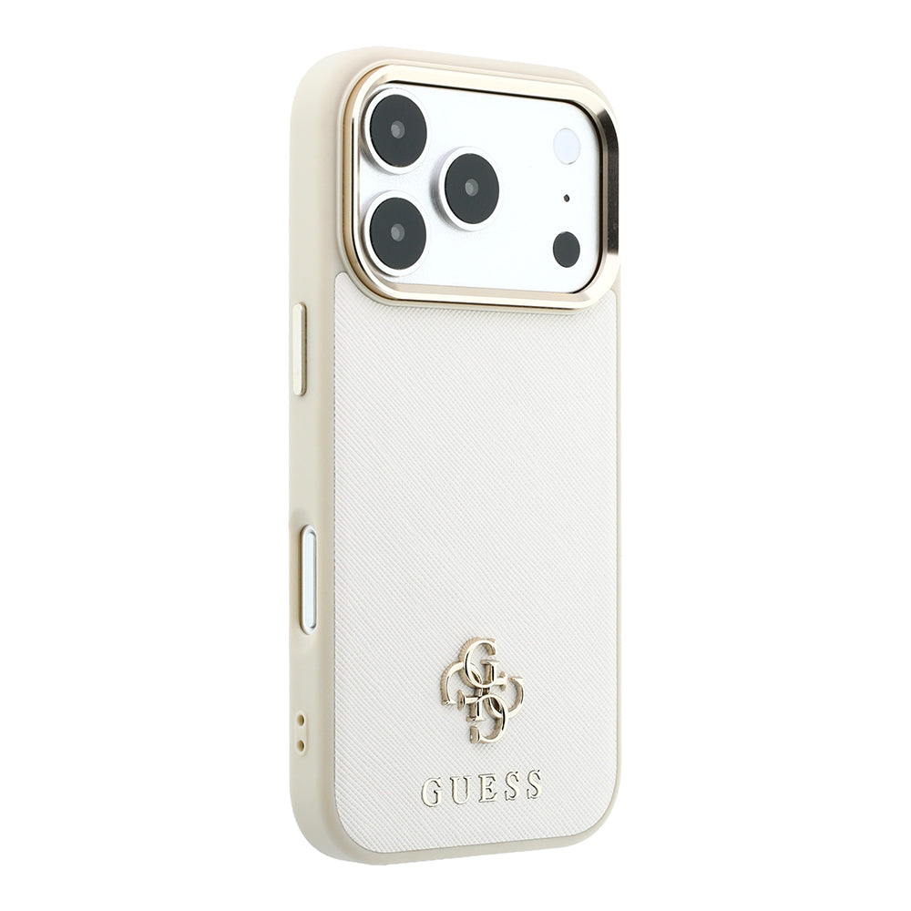 Apple iPhone 18 Pro Max Kılıf Guess M-safe Uyumlu Klasik Yazı ve 4G Logolu PU Deri Saffiano Kapak Bej