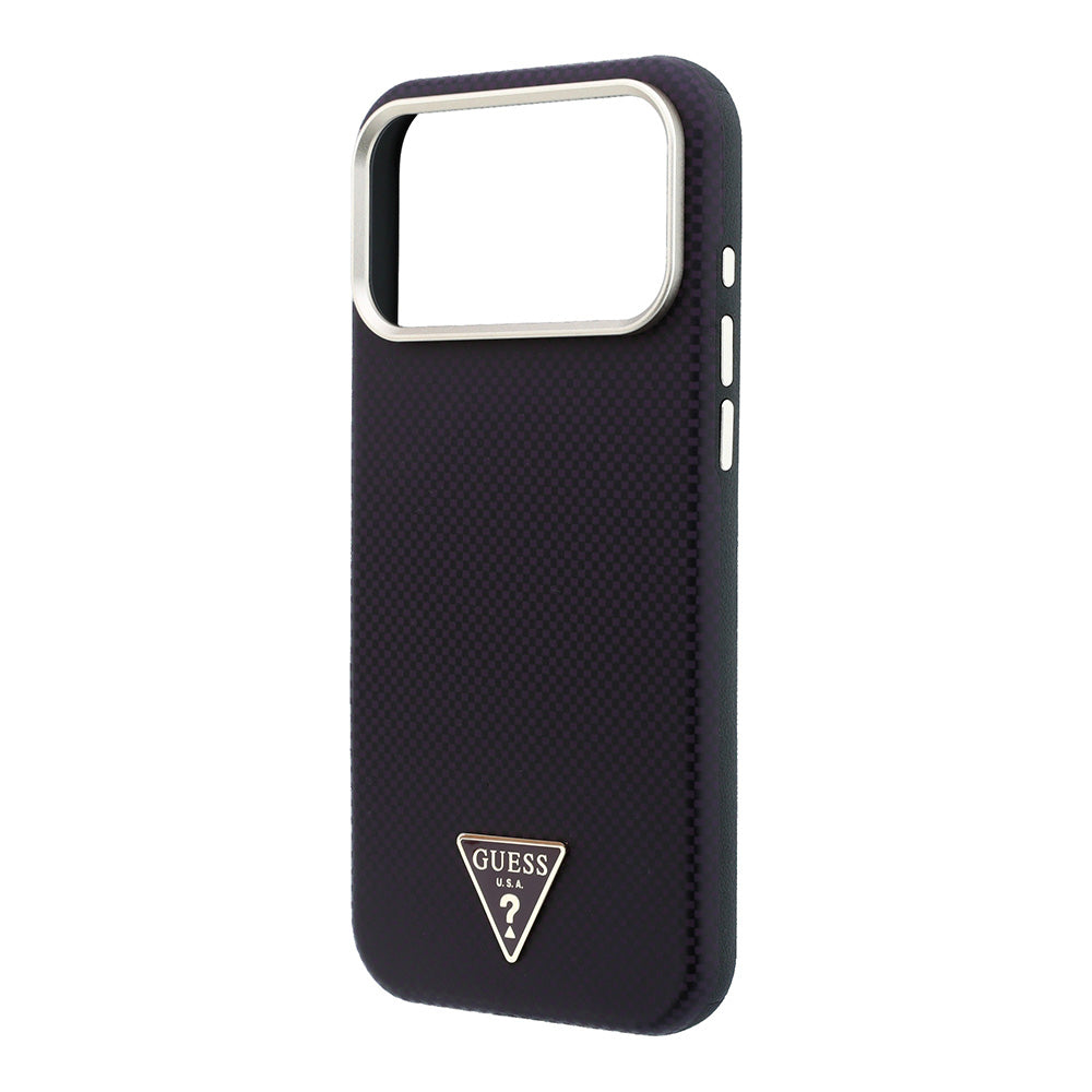 Apple iPhone 18 Pro Max Kılıf Guess M-safe Uyumlu Metal Üçgen Logolu Karbon Fiber Kevlar Kapak Bordo