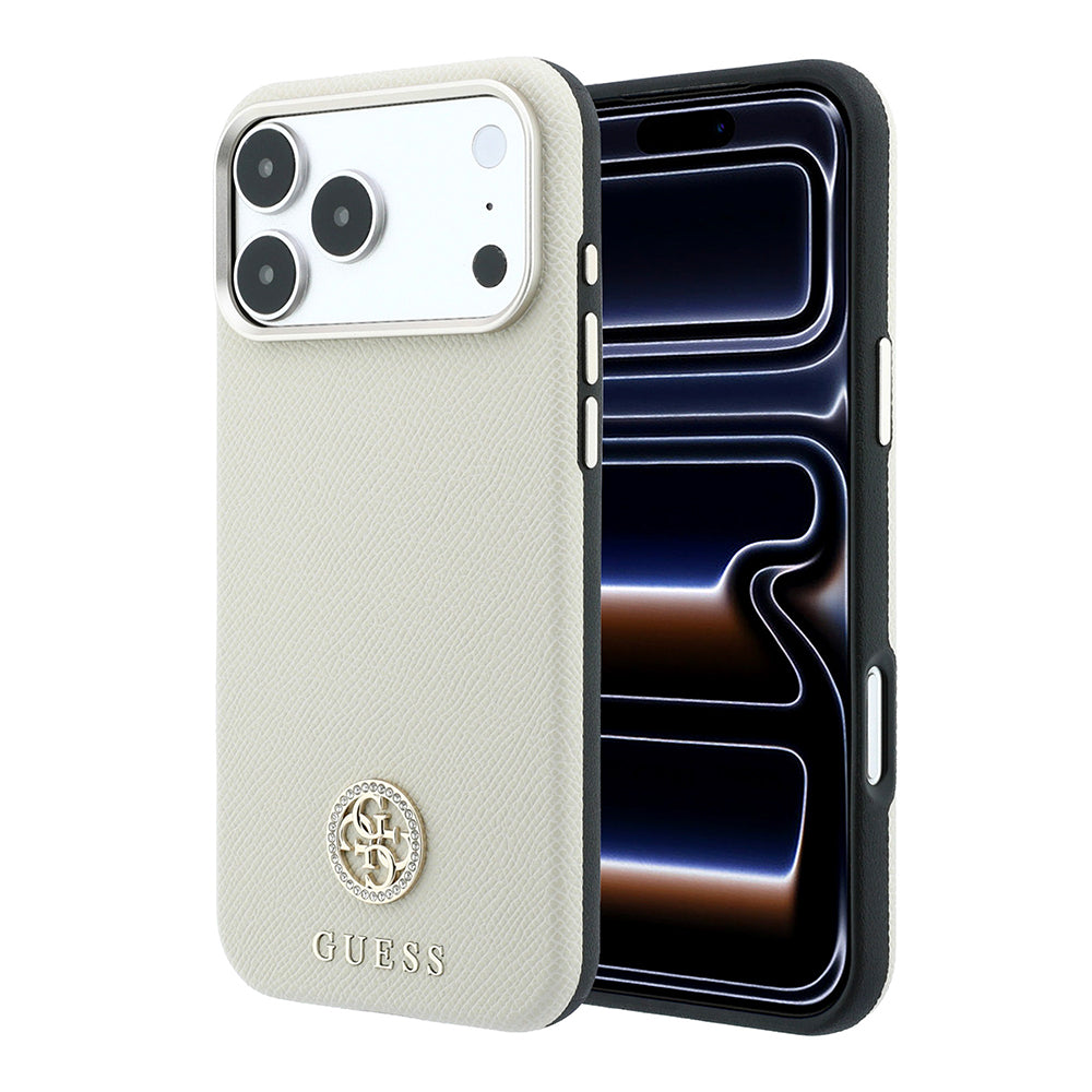 Apple iPhone 18 Pro Max Kılıf Guess M-safe Uyumlu PU Grained Taşlı Metal 4G ve Yazı Logolu Kapak Bej