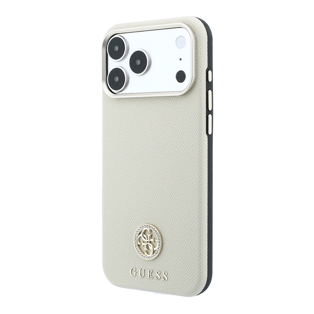 Apple iPhone 18 Pro Max Kılıf Guess M-safe Uyumlu PU Grained Taşlı Metal 4G ve Yazı Logolu Kapak Bej