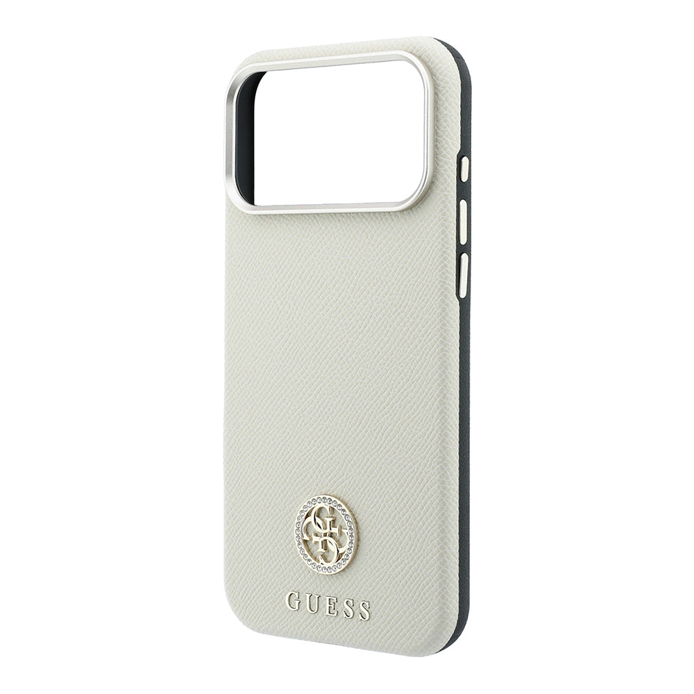 Apple iPhone 18 Pro Max Kılıf Guess M-safe Uyumlu PU Grained Taşlı Metal 4G ve Yazı Logolu Kapak Bej