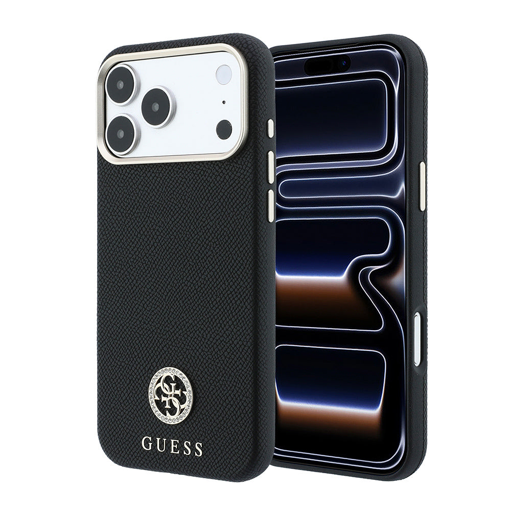 Apple iPhone 18 Pro Max Kılıf Guess M-safe Uyumlu PU Grained Taşlı Metal 4G ve Yazı Logolu Kapak Siyah
