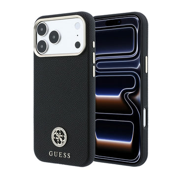 Apple iPhone 18 Pro Max Kılıf Guess M-safe Uyumlu PU Grained Taşlı Metal 4G ve Yazı Logolu Kapak Siyah