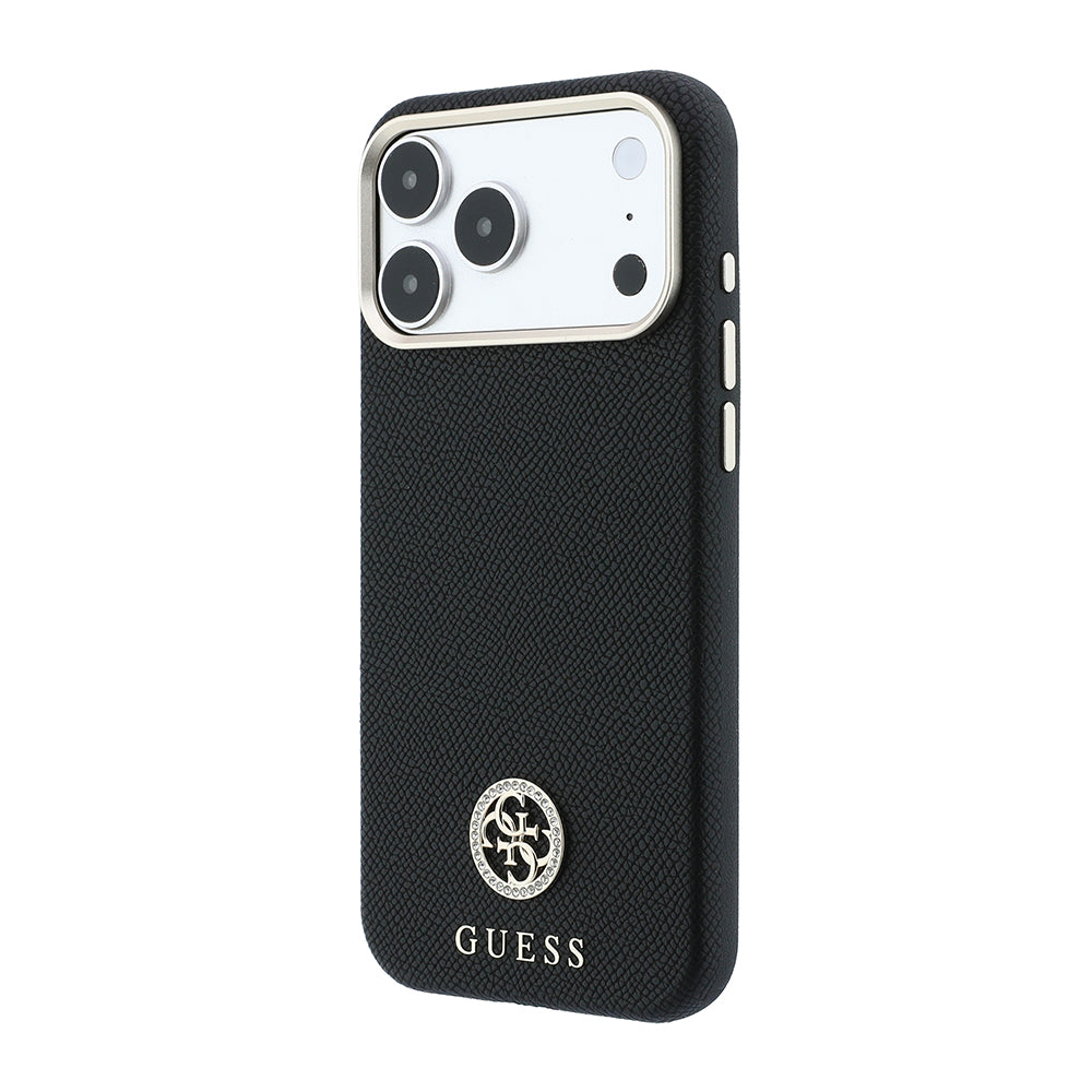 Apple iPhone 18 Pro Max Kılıf Guess M-safe Uyumlu PU Grained Taşlı Metal 4G ve Yazı Logolu Kapak Siyah