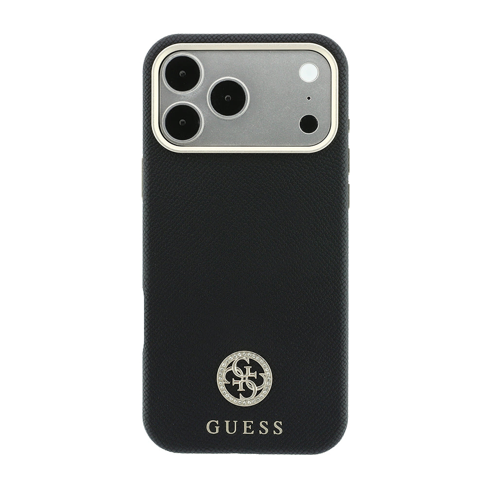 Apple iPhone 18 Pro Max Kılıf Guess M-safe Uyumlu PU Grained Taşlı Metal 4G ve Yazı Logolu Kapak Siyah