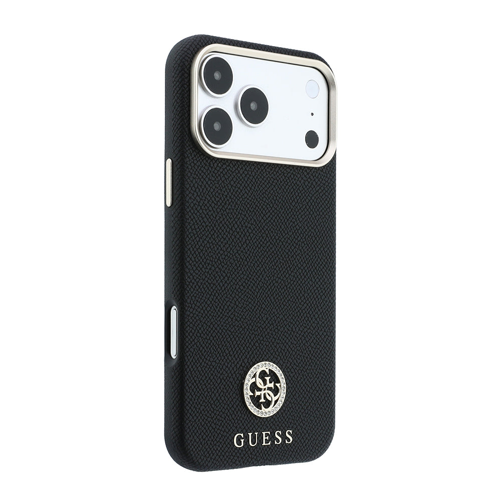 Apple iPhone 18 Pro Max Kılıf Guess M-safe Uyumlu PU Grained Taşlı Metal 4G ve Yazı Logolu Kapak Siyah