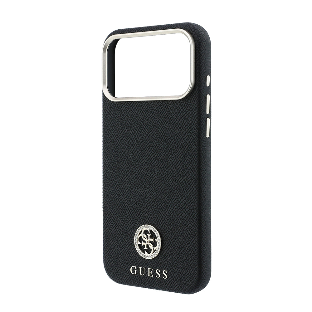 Apple iPhone 18 Pro Max Kılıf Guess M-safe Uyumlu PU Grained Taşlı Metal 4G ve Yazı Logolu Kapak Siyah
