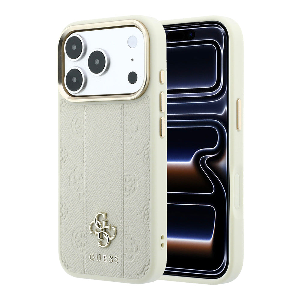 Apple iPhone 18 Pro Kılıf Guess M-safe Uyumlu Şeritli Peony 4G ve Yazı Logolu Kapak Bej