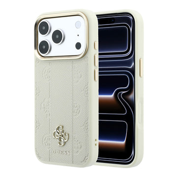 Apple iPhone 18 Pro Kılıf Guess M-safe Uyumlu Şeritli Peony 4G ve Yazı Logolu Kapak Bej