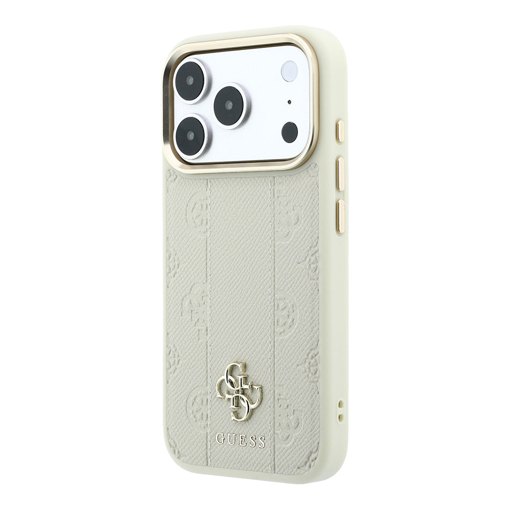 Apple iPhone 18 Pro Kılıf Guess M-safe Uyumlu Şeritli Peony 4G ve Yazı Logolu Kapak Bej