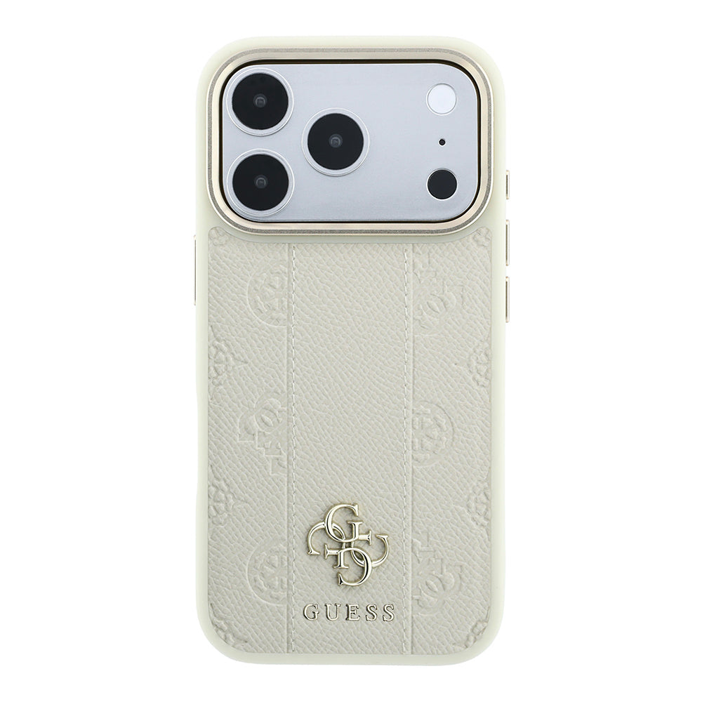 Apple iPhone 18 Pro Kılıf Guess M-safe Uyumlu Şeritli Peony 4G ve Yazı Logolu Kapak Bej