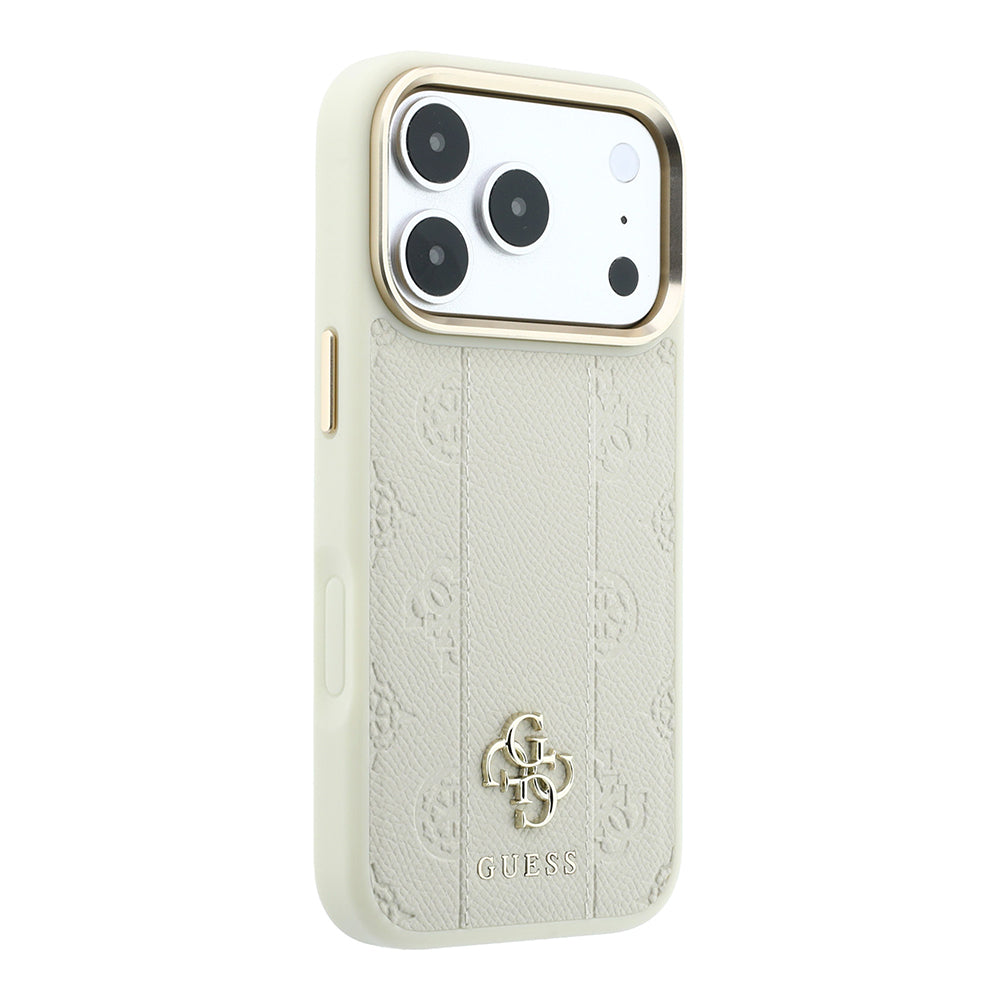 Apple iPhone 18 Pro Kılıf Guess M-safe Uyumlu Şeritli Peony 4G ve Yazı Logolu Kapak Bej