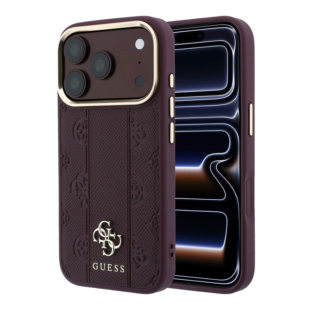 Apple iPhone 18 Pro Max Kılıf Guess M-safe Uyumlu Şeritli Peony 4G ve Yazı Logolu Kapak Bordo