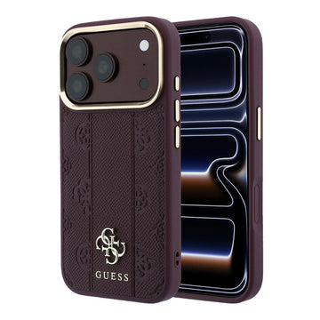 Apple iPhone 18 Pro Max Kılıf Guess M-safe Uyumlu Şeritli Peony 4G ve Yazı Logolu Kapak Bordo