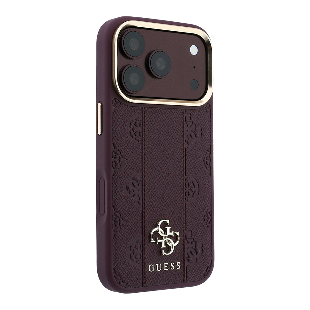 Apple iPhone 18 Pro Max Kılıf Guess M-safe Uyumlu Şeritli Peony 4G ve Yazı Logolu Kapak Bordo
