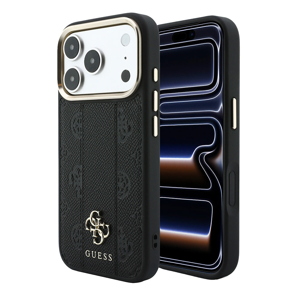 Apple iPhone 18 Pro Kılıf Guess M-safe Uyumlu Şeritli Peony 4G ve Yazı Logolu Kapak Siyah