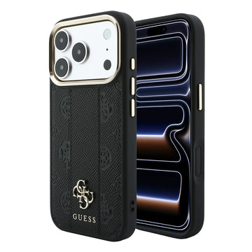 Apple iPhone 18 Pro Kılıf Guess M-safe Uyumlu Şeritli Peony 4G ve Yazı Logolu Kapak Siyah